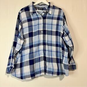 Lands’ End Women’s Long Sleeve Button Down Shirt Blue Plaid Size Large EUC
